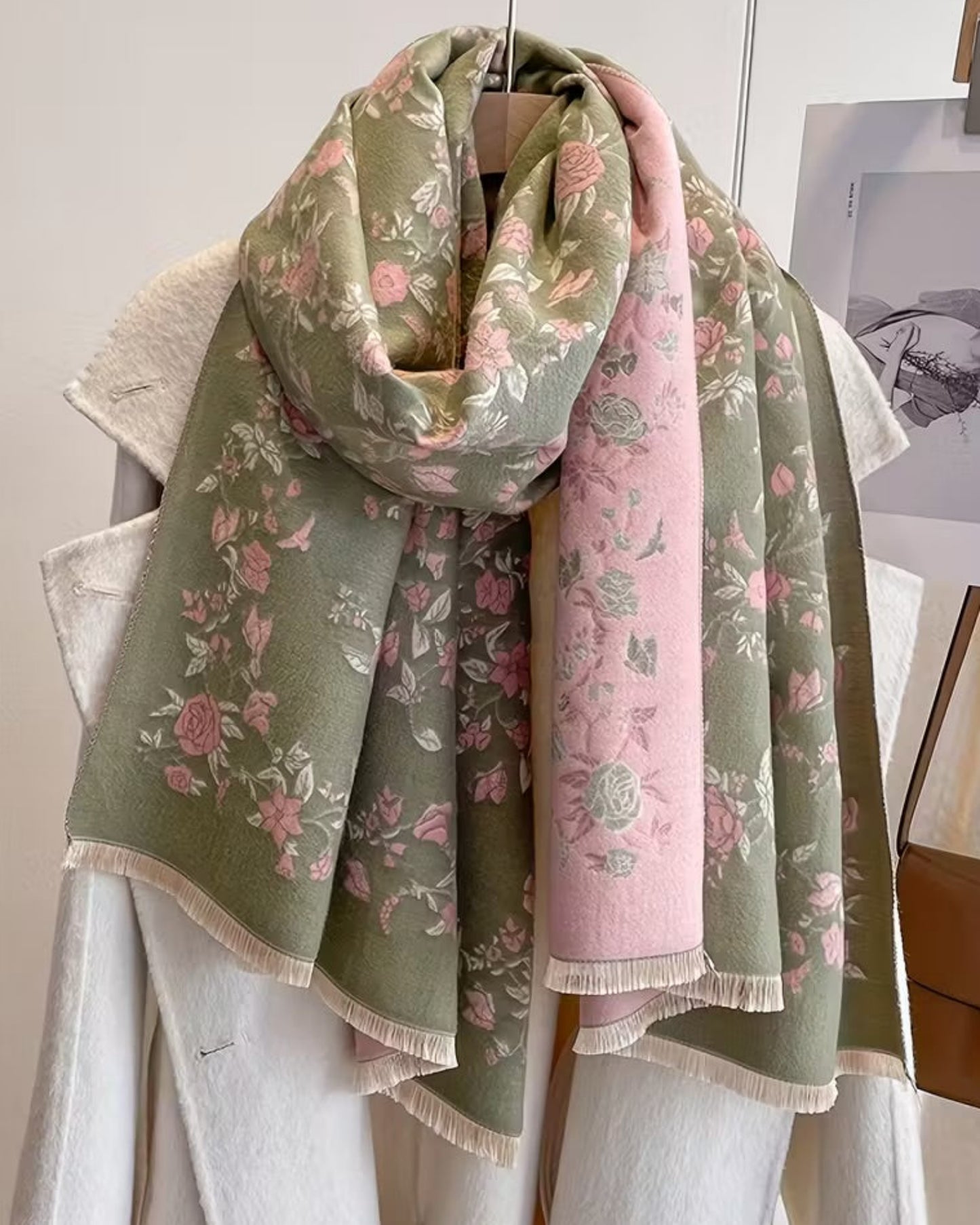 Enchanted Rose Two-Tone Fringed Wrap