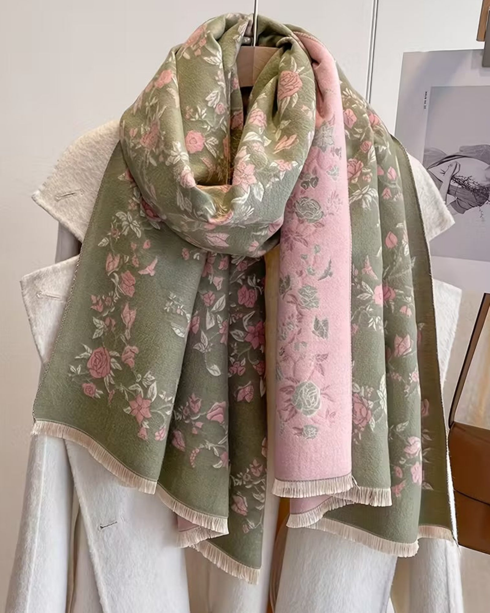 Enchanted Rose Two-Tone Fringed Wrap