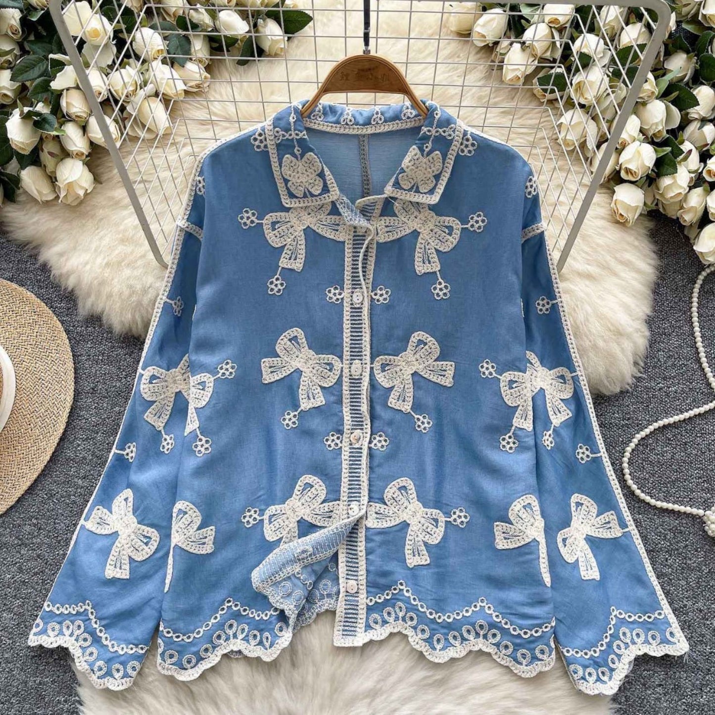 Ethereal Bow Embroidery Shirt