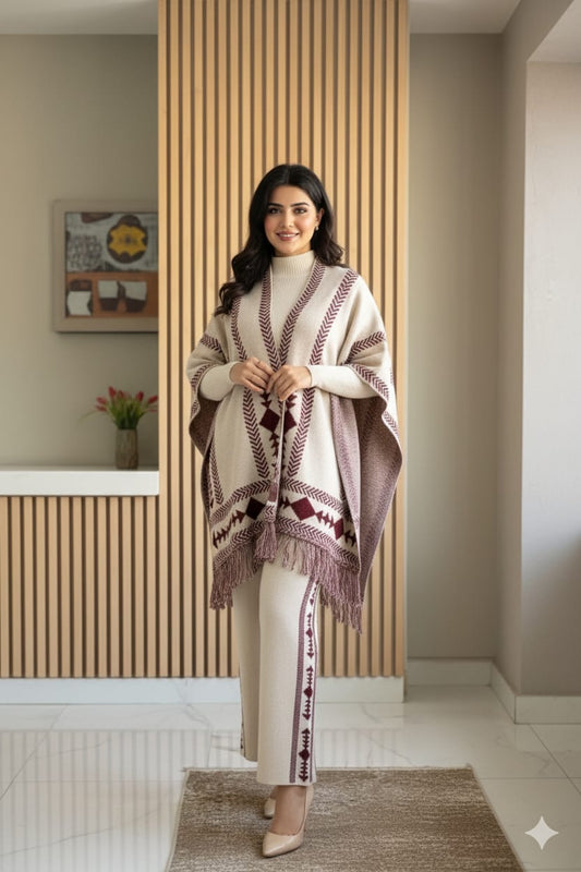 Aztec Knitwear Three - piece Poncho & Trousers Set