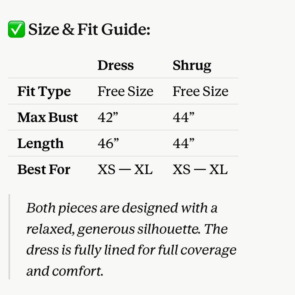 Size and fit guide for a dress and shrug with measurements and dimensions.