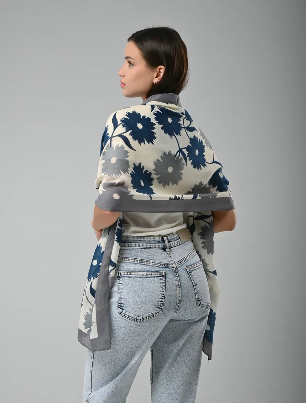 Blue & Grey Floral Cotton Stole
