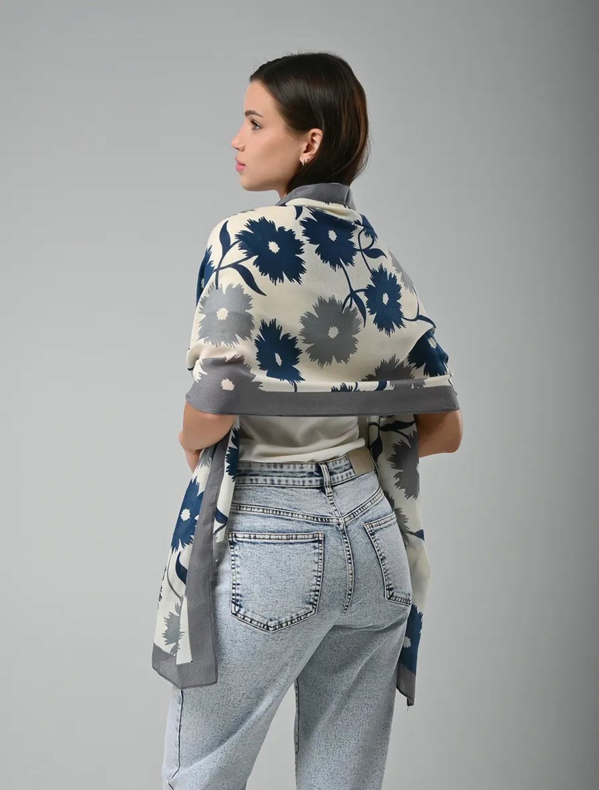 Blue & Grey Floral Cotton Stole