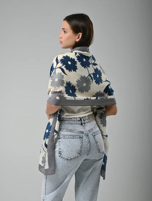 Blue & Grey Floral Cotton Stole