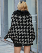 Faux Fur Trimmed Houndstooth Knit Poncho with Fringe