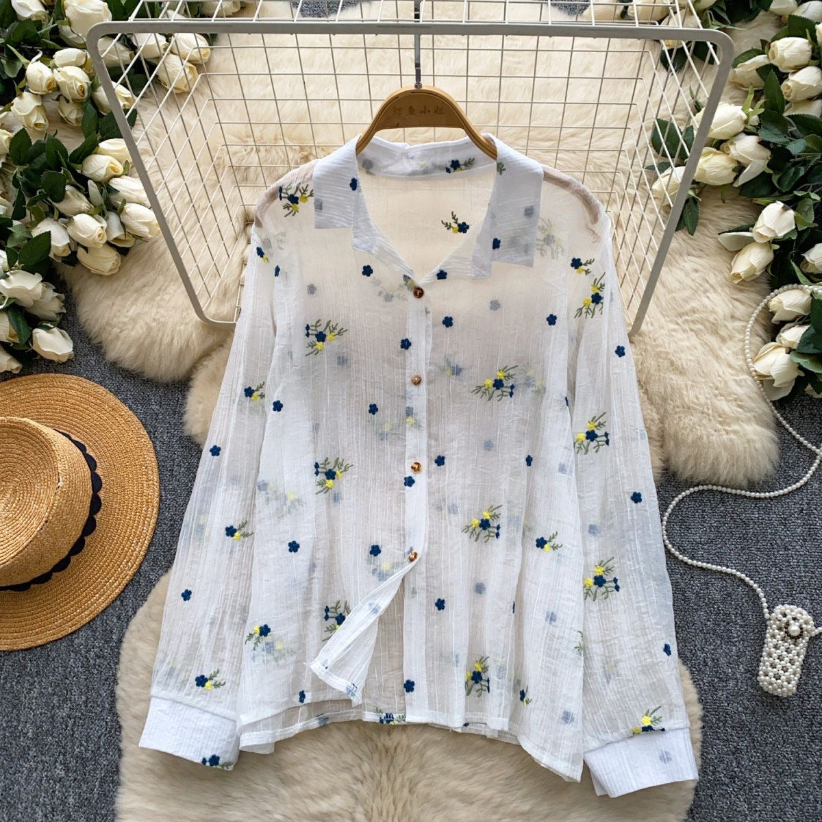 Floral Embroidered Cotton Gauze Blouse in White, sheer long sleeve button-down with navy and yellow embroidery, cottagecore style