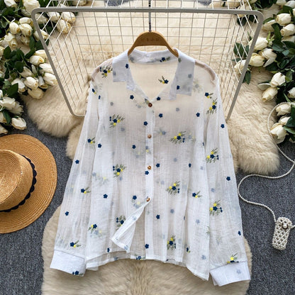 Floral Embroidered Cotton Gauze Blouse in White, sheer long sleeve button-down with navy and yellow embroidery, cottagecore style