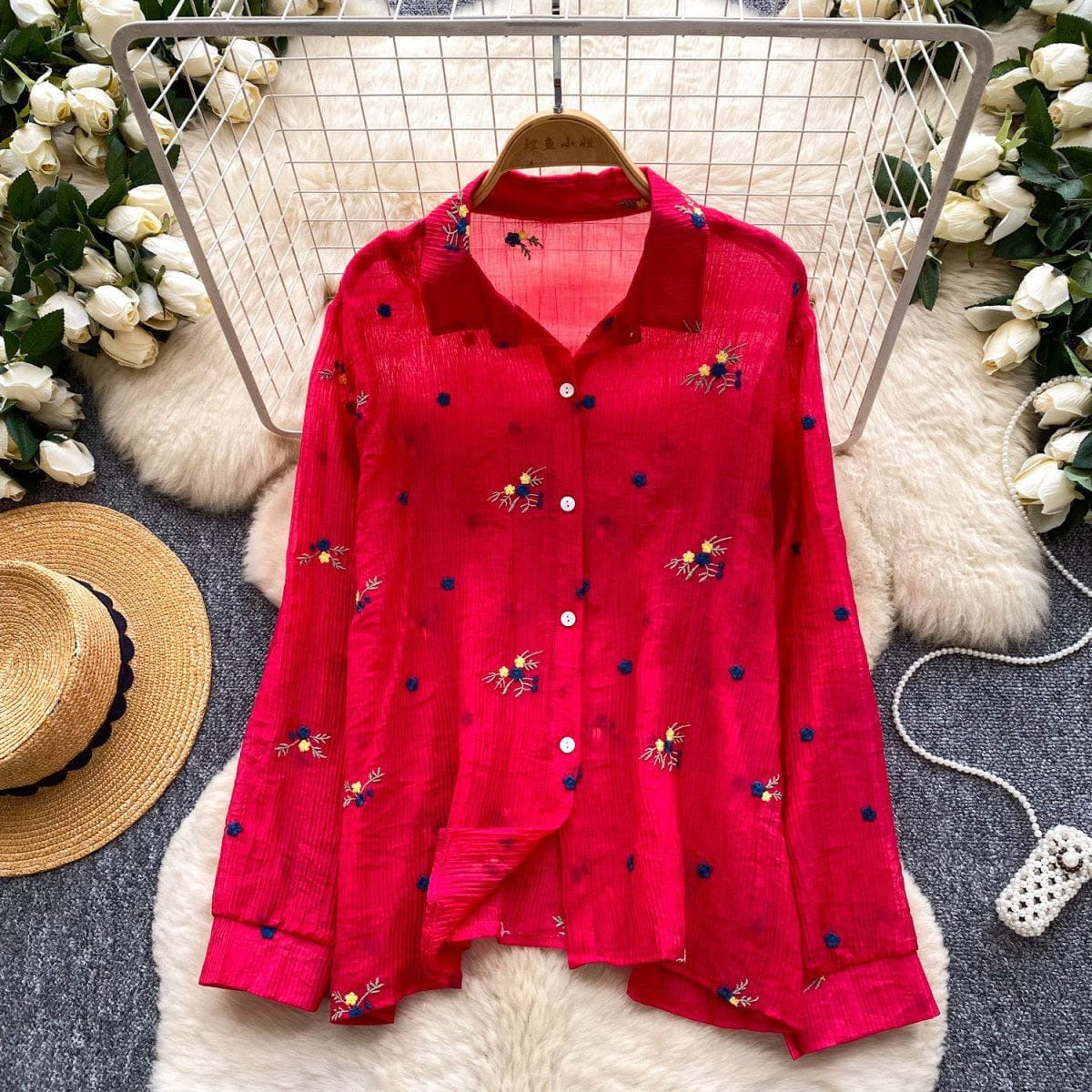 Floral Embroidered Cotton Gauze Blouse in Rose Red with navy and yellow embroidery, lightweight long sleeve women's top