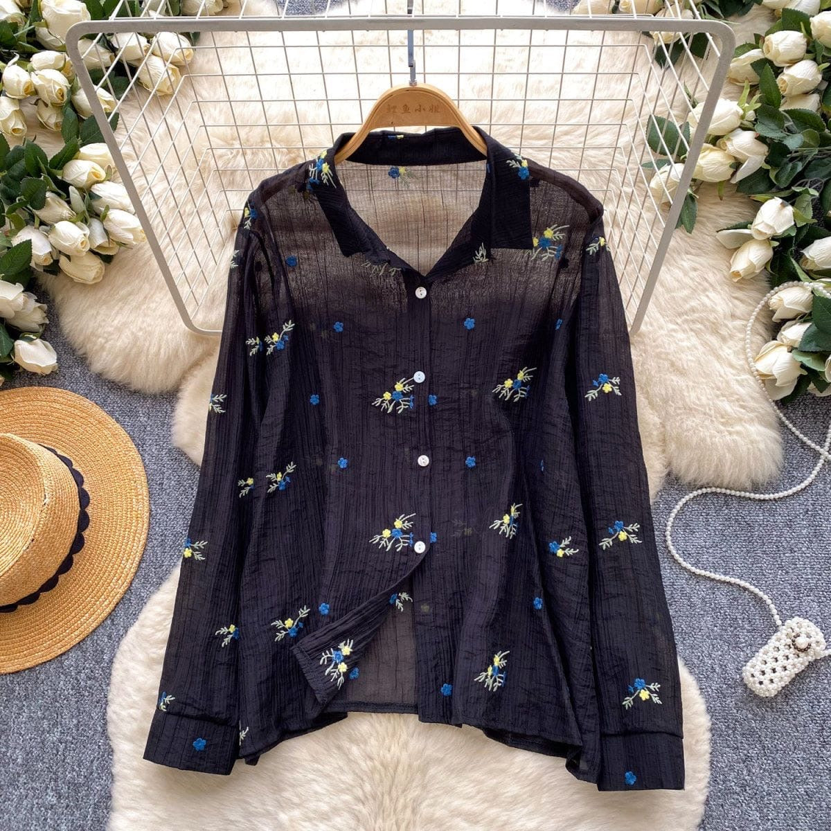 Floral Embroidered Cotton Gauze Blouse in Black with blue and yellow flower embroidery, long sleeve button-down, relaxed fit