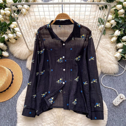 Floral Embroidered Cotton Gauze Blouse in Black with blue and yellow flower embroidery, long sleeve button-down, relaxed fit