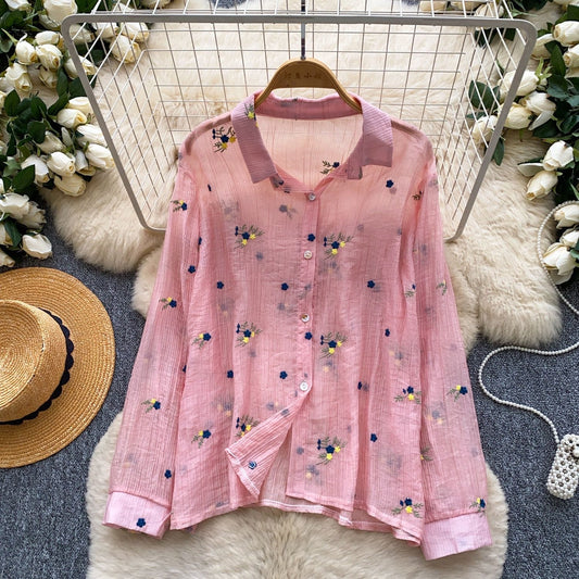 Floral Embroidered Long Sleeve Blouse in Pink, semi-sheer cotton gauze fabric with scattered navy and yellow floral embroidery