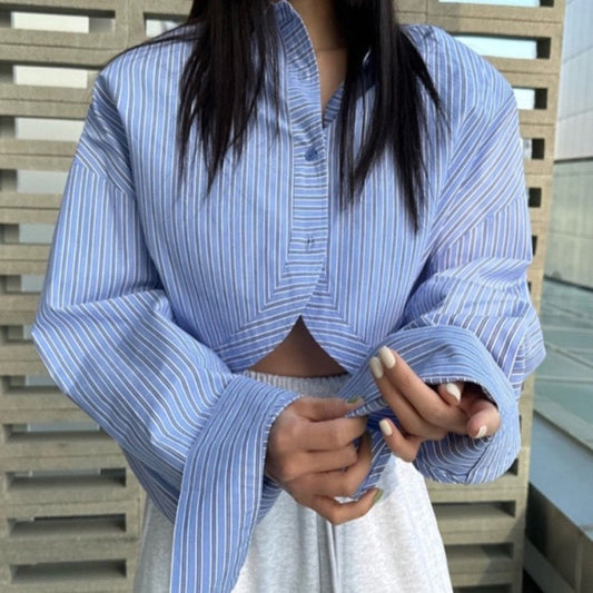 French Lapel Striped Crop Shirt
