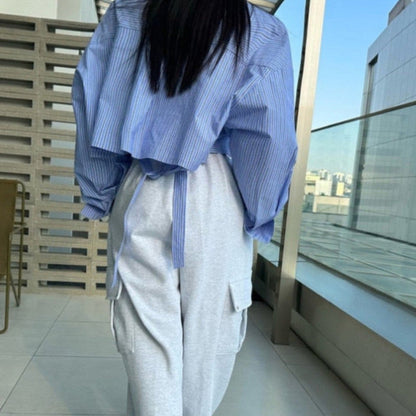 French Lapel Striped Crop Shirt