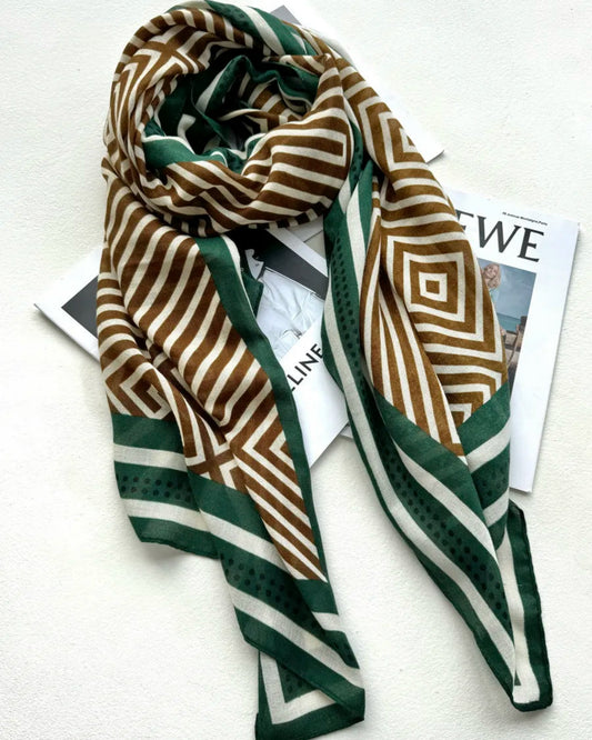 Patterned scarf in brown beige and green coloured border