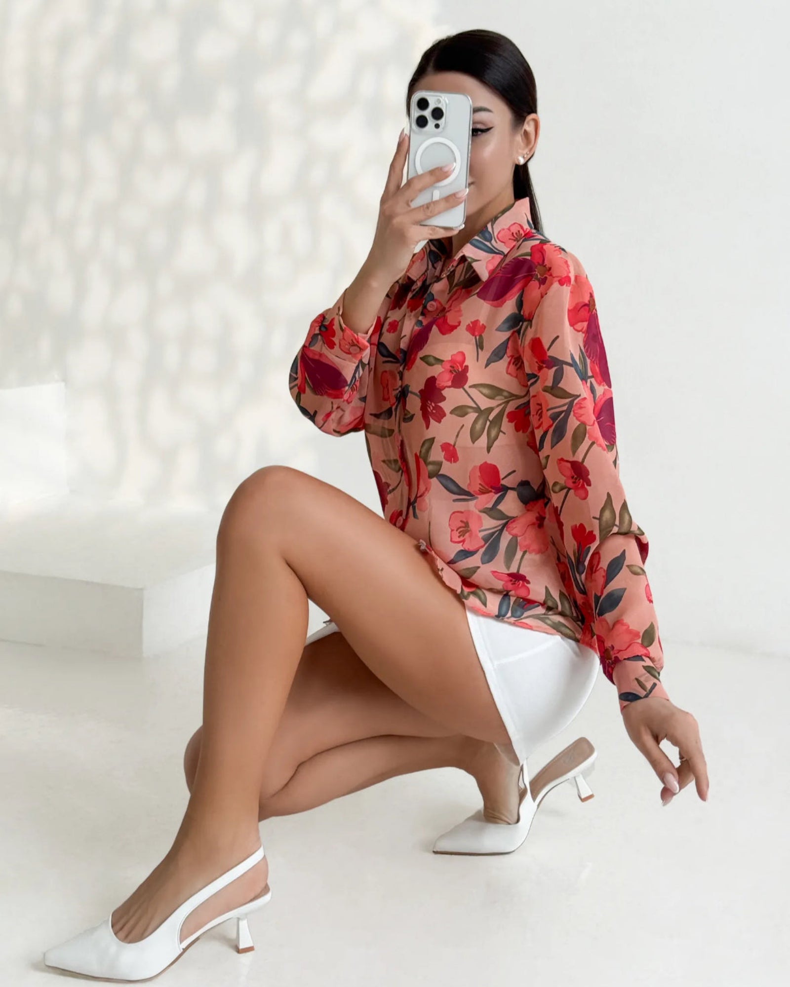 Gibs Peach Floral Sheer Shirt