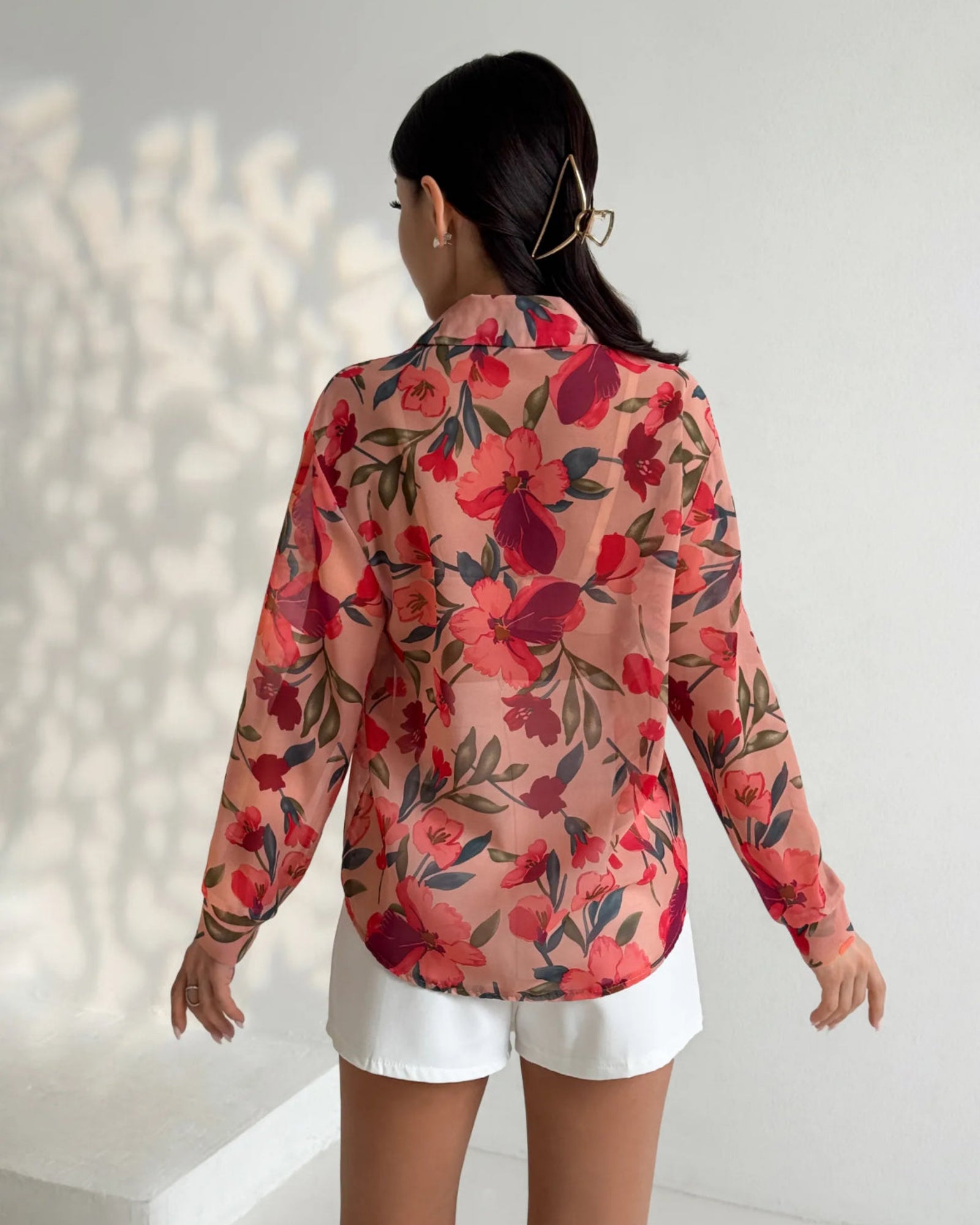 Gibs Peach Floral Sheer Shirt