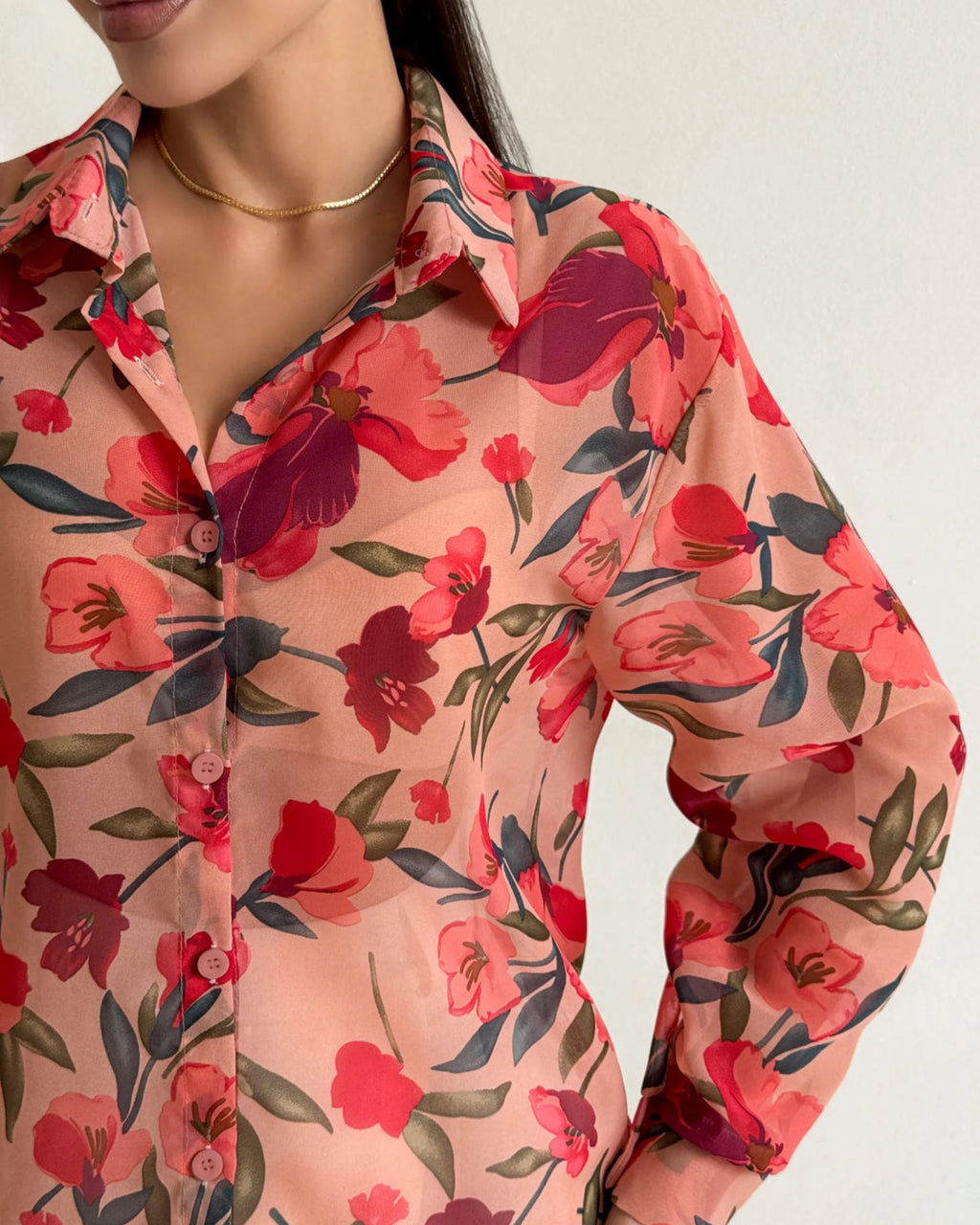 Gibs Peach Floral Sheer Shirt