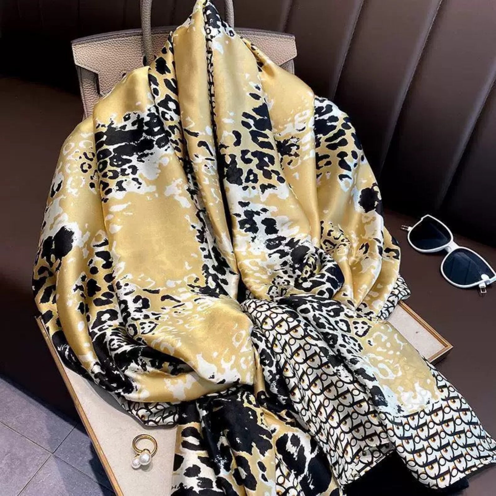 Luxury golden silk stole with animal print pattern