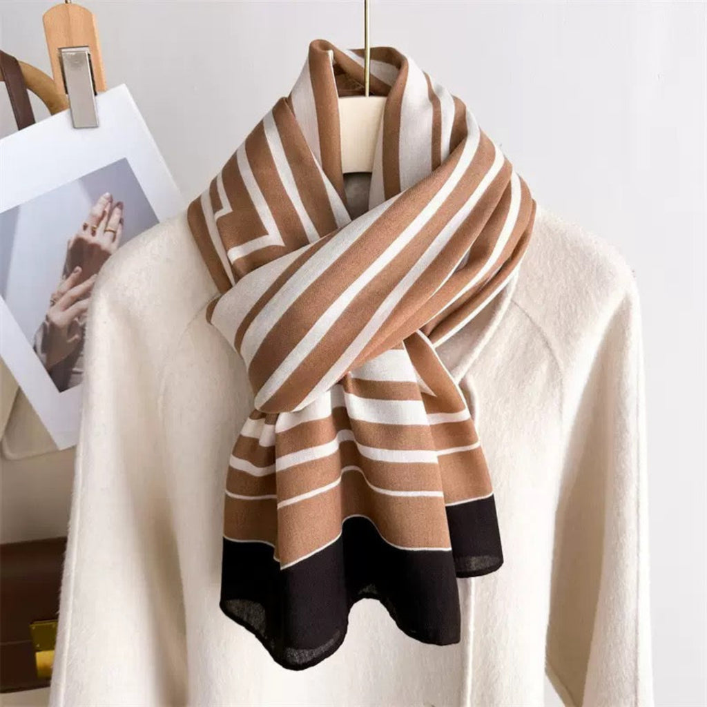 Hais Chevron Striped Stole full view showing geometric chevron pattern in camel ivory and black 180x90cm