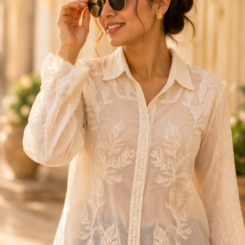 Luxe Embroidered Linen Shirt for Women