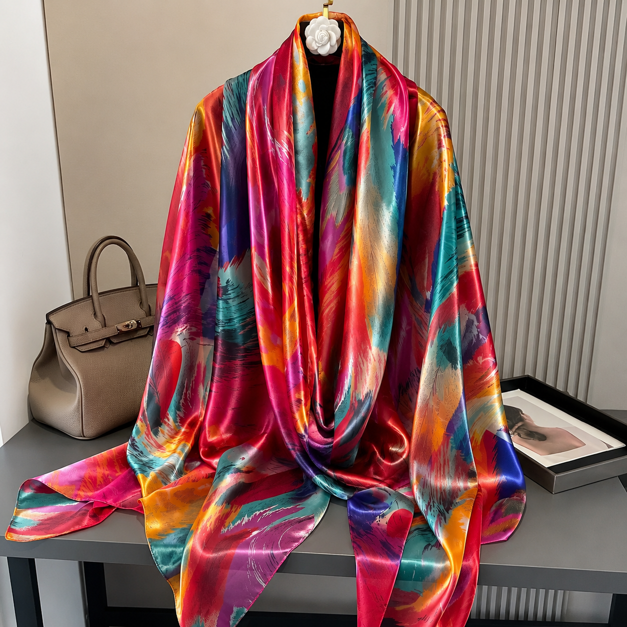 Vibrant Multicolor Abstract Feather Print Imitation Silk Stole