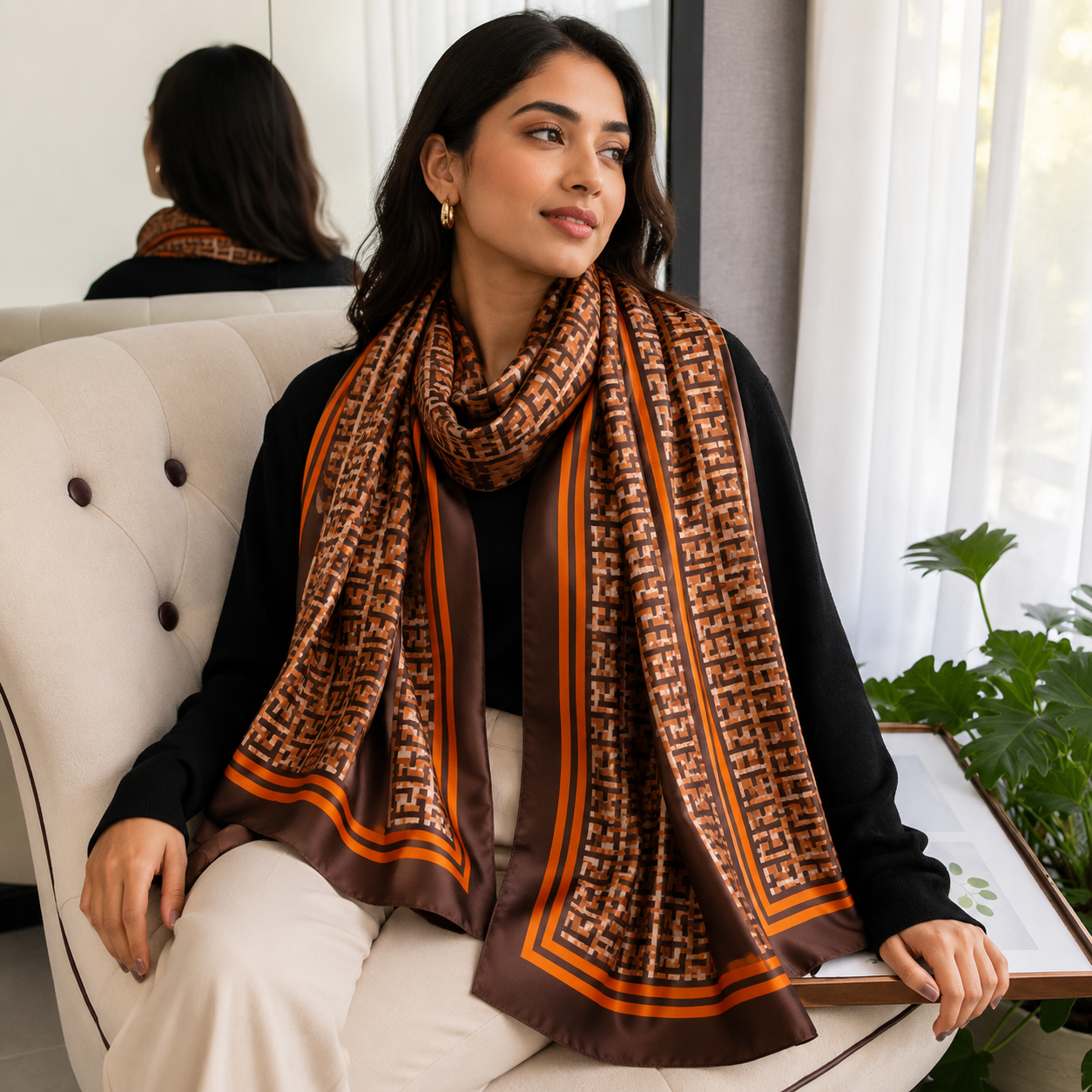 Vais Designer Monogram Print Imitation Silk Scarf