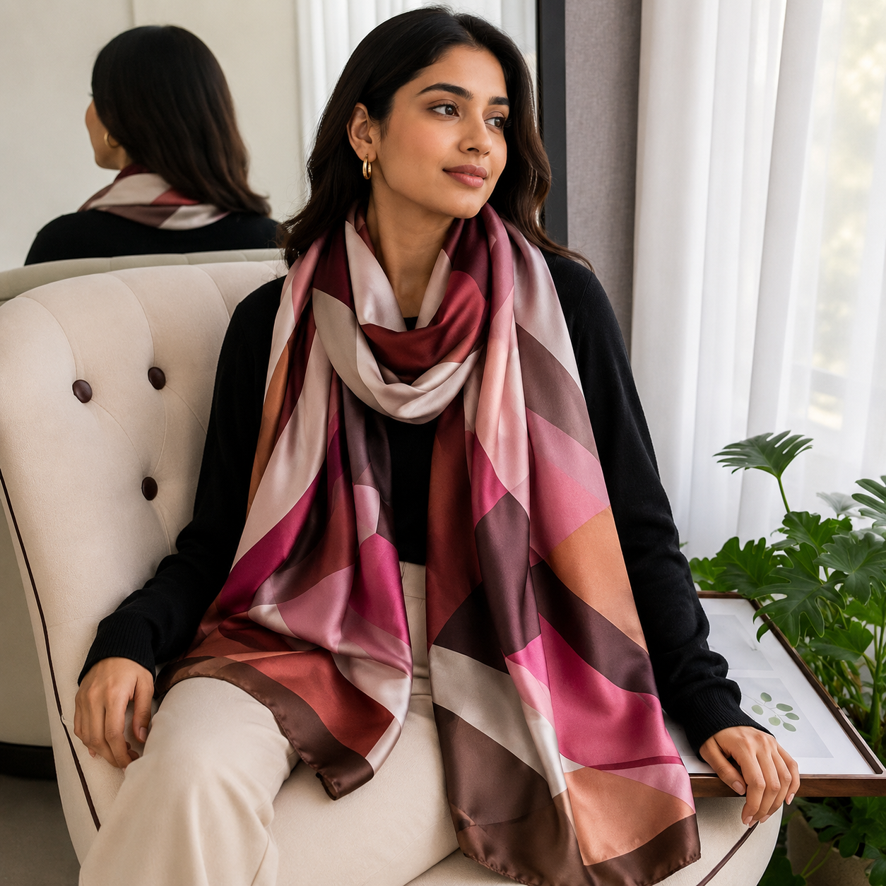 Rosewood Abstract Geometric Imitation Silk Stole