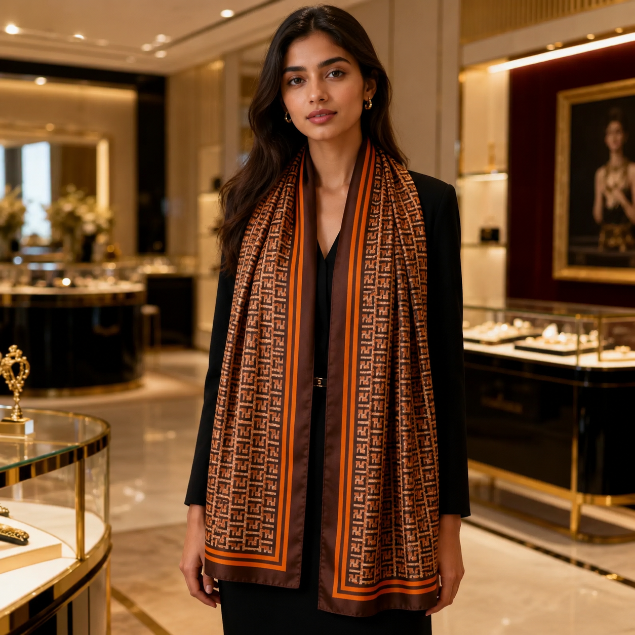 Vais Designer Monogram Print Imitation Silk Scarf