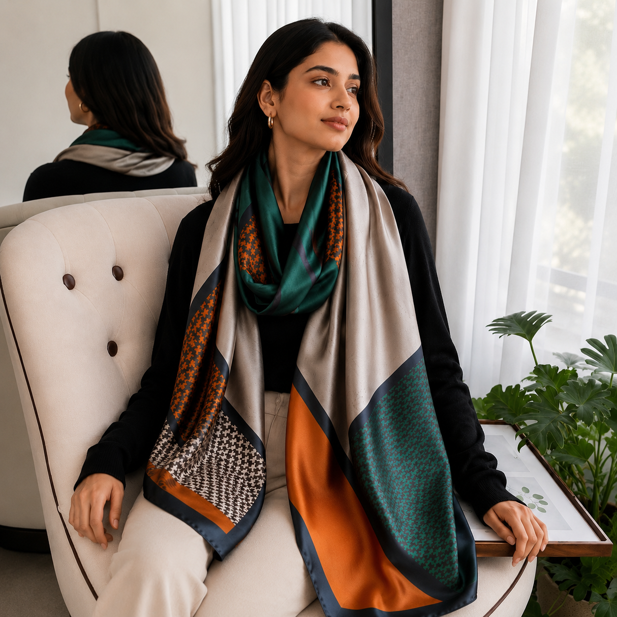 Emerald Rust Geometric Imitation Silk Stole for Women