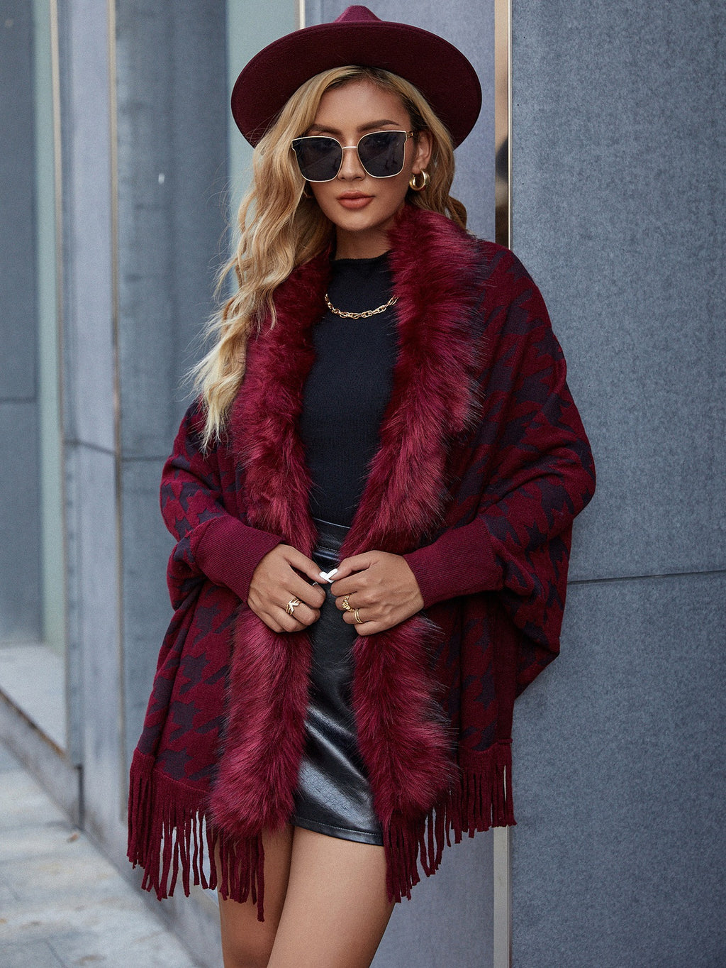 Faux Fur Trimmed Houndstooth Knit Poncho with Fringe