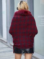 Faux Fur Trimmed Houndstooth Knit Poncho with Fringe