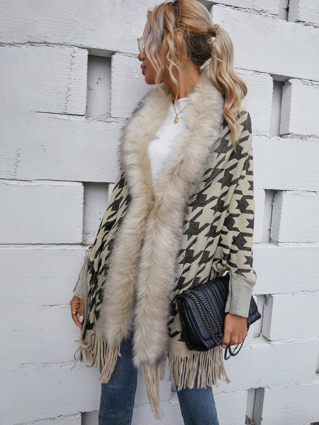 Faux Fur Trimmed Houndstooth Knit Poncho with Fringe