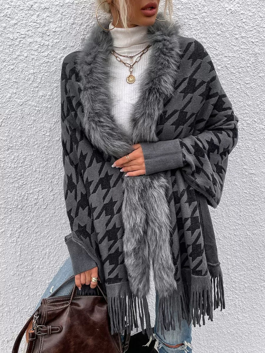Faux Fur Trimmed Houndstooth Knit Poncho with Fringe