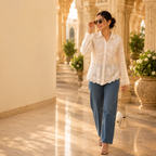 Ivory embroidered linen shirt with floral sequin detailing - breathable summer blouse for women