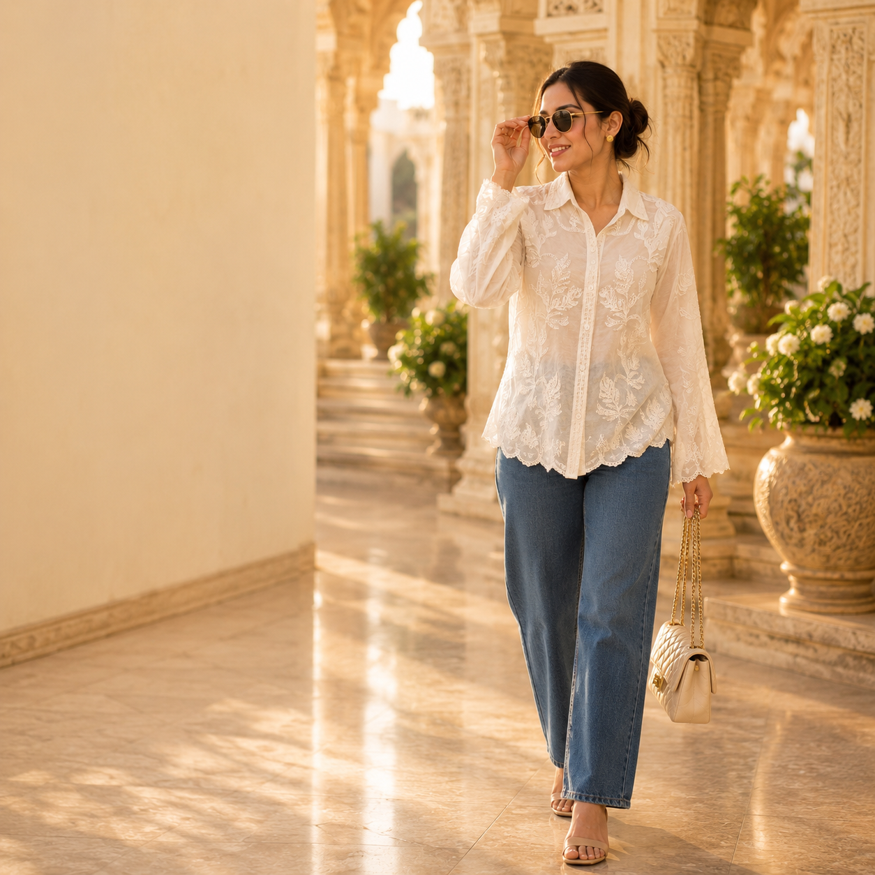Ivory embroidered linen shirt with floral sequin detailing - breathable summer blouse for women