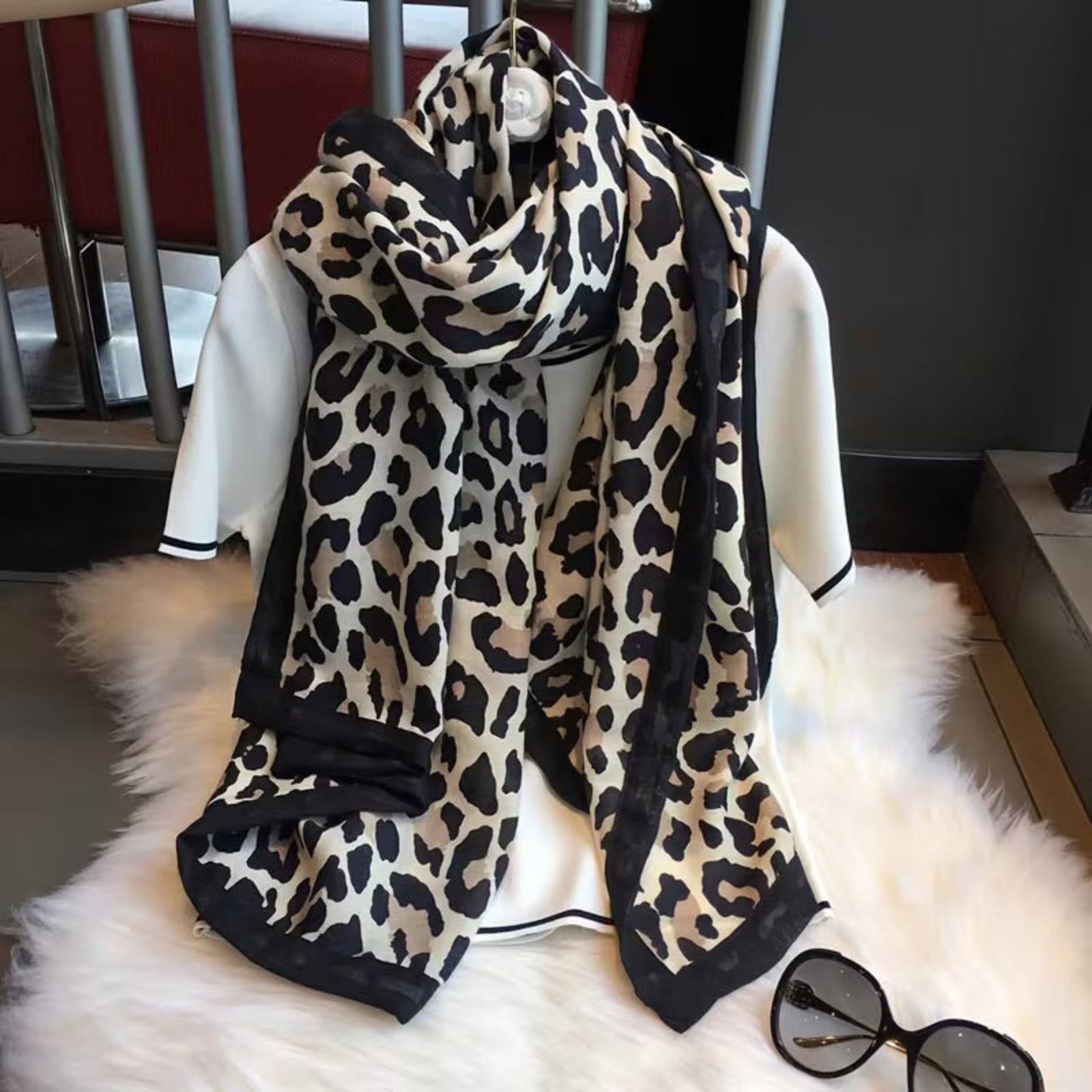 Ivory black leopard print viscose cotton stole with border