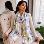 Woman wearing a floral scarf sitting on a couch in a bright room.