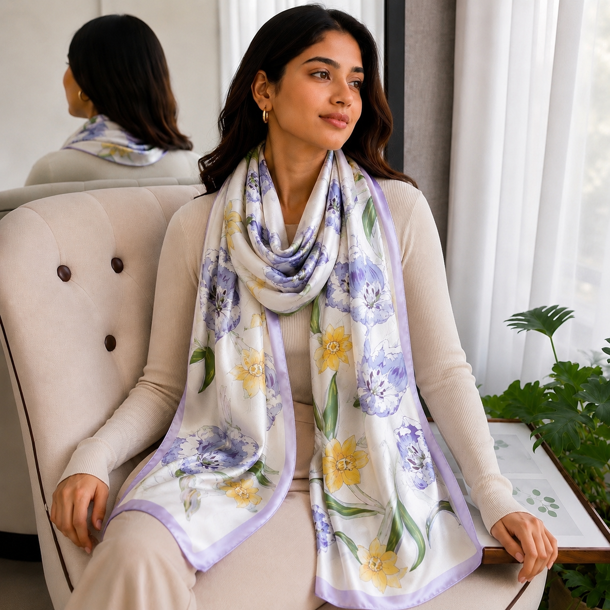 Woman wearing a floral scarf sitting on a couch in a bright room.