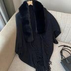 Luxe Fur Collar Fringe Poncho