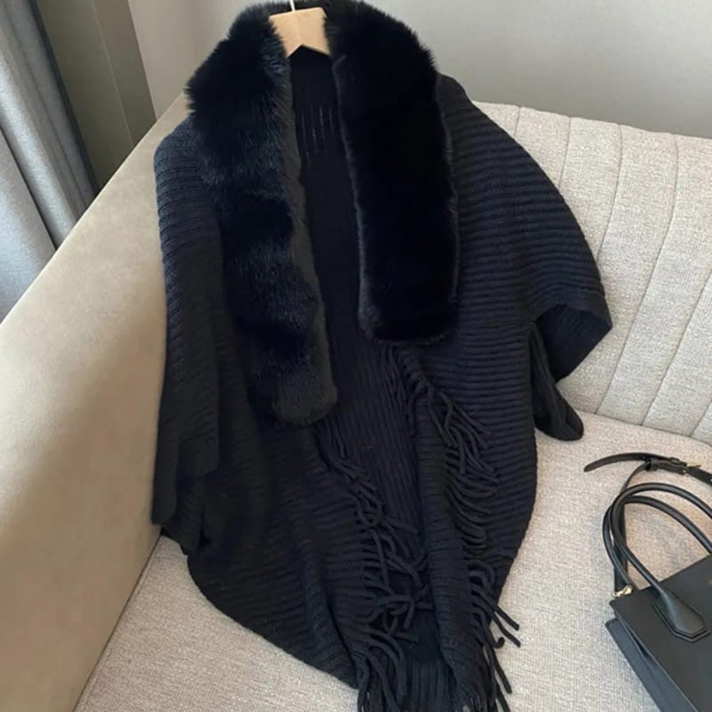 Luxe Fur Collar Fringe Poncho