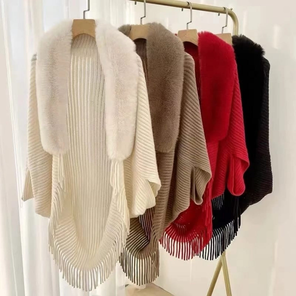 Luxe Fur Collar Fringe Poncho