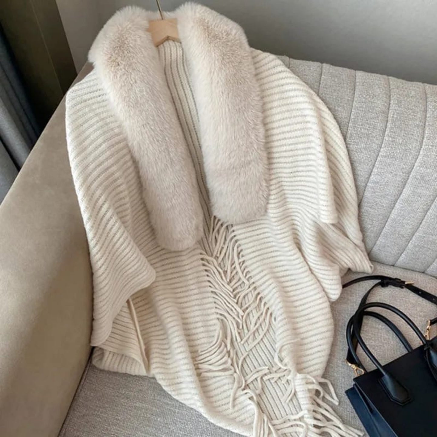 Luxe Fur Collar Fringe Poncho