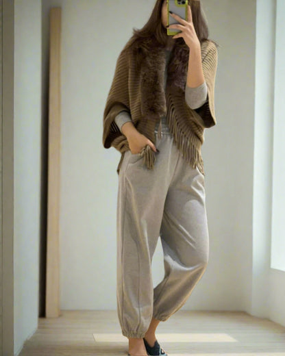 Luxe Fur Collar Fringe Poncho