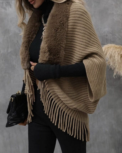 Luxe Fur Collar Fringe Poncho