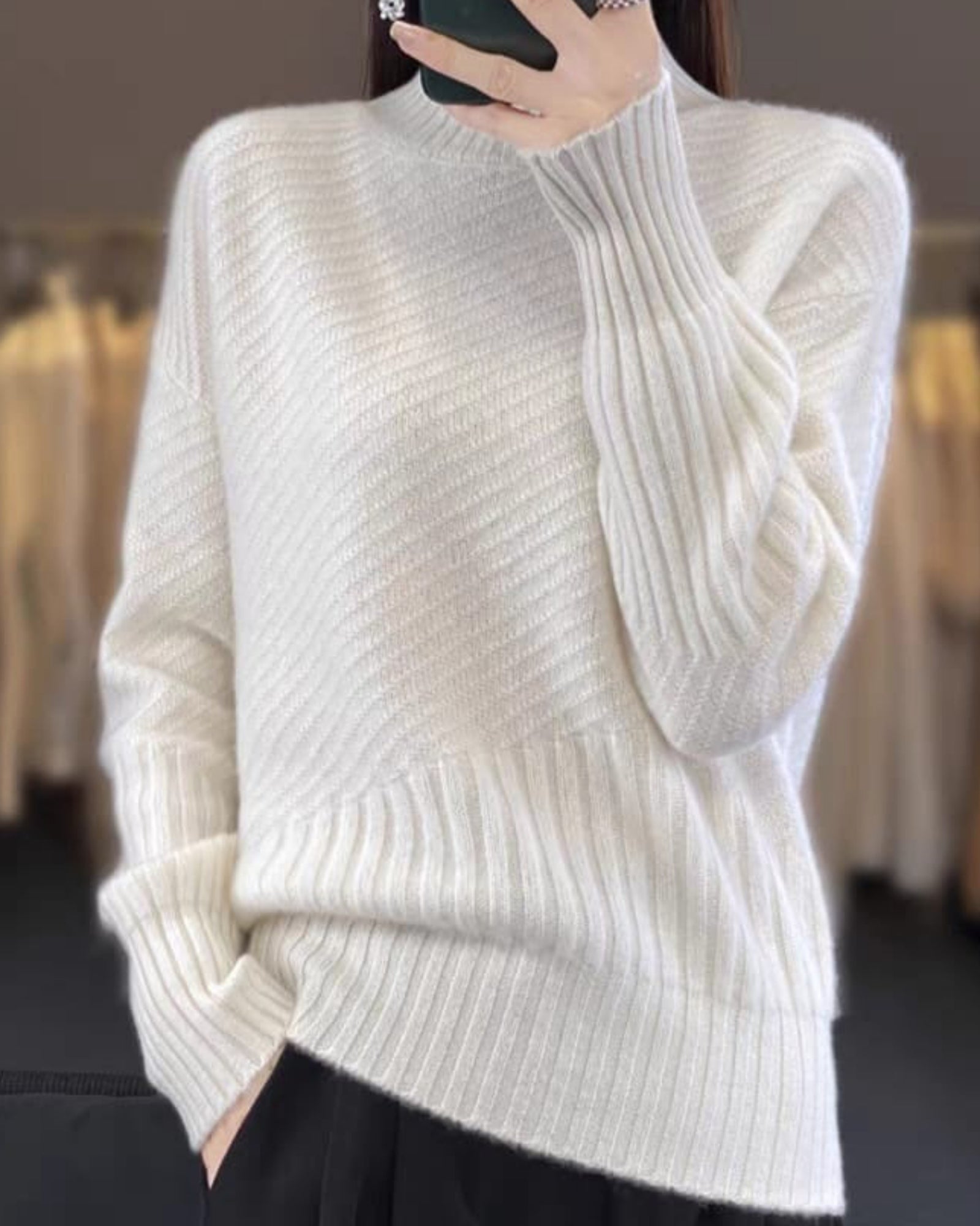 Luxury Cashmere Oversized High-Neck Ribbed Pullover