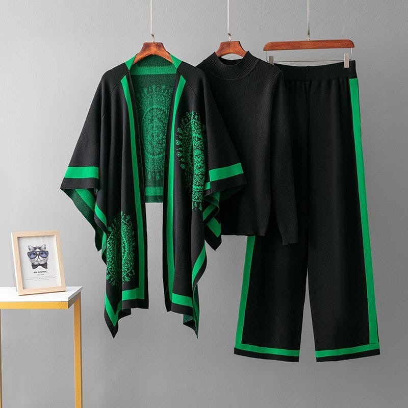 Luxury knit 3-piece co-ord set for women in black and green with printed cape, knitted top and wide-leg pants