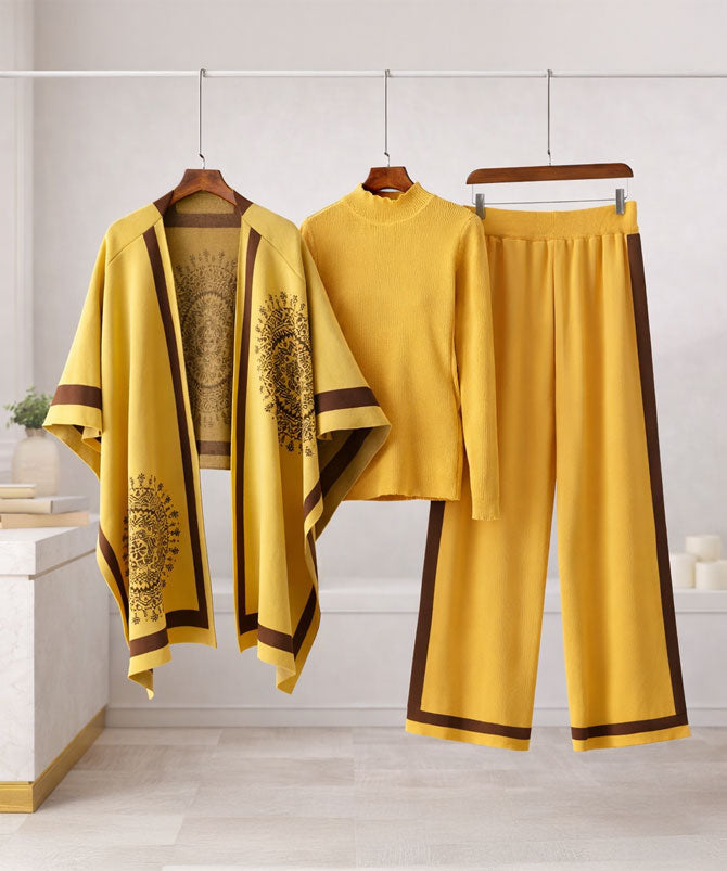 Luxury knit 3-piece co-ord set for women in mustard and brown with printed cape, knitted top and wide-leg pants