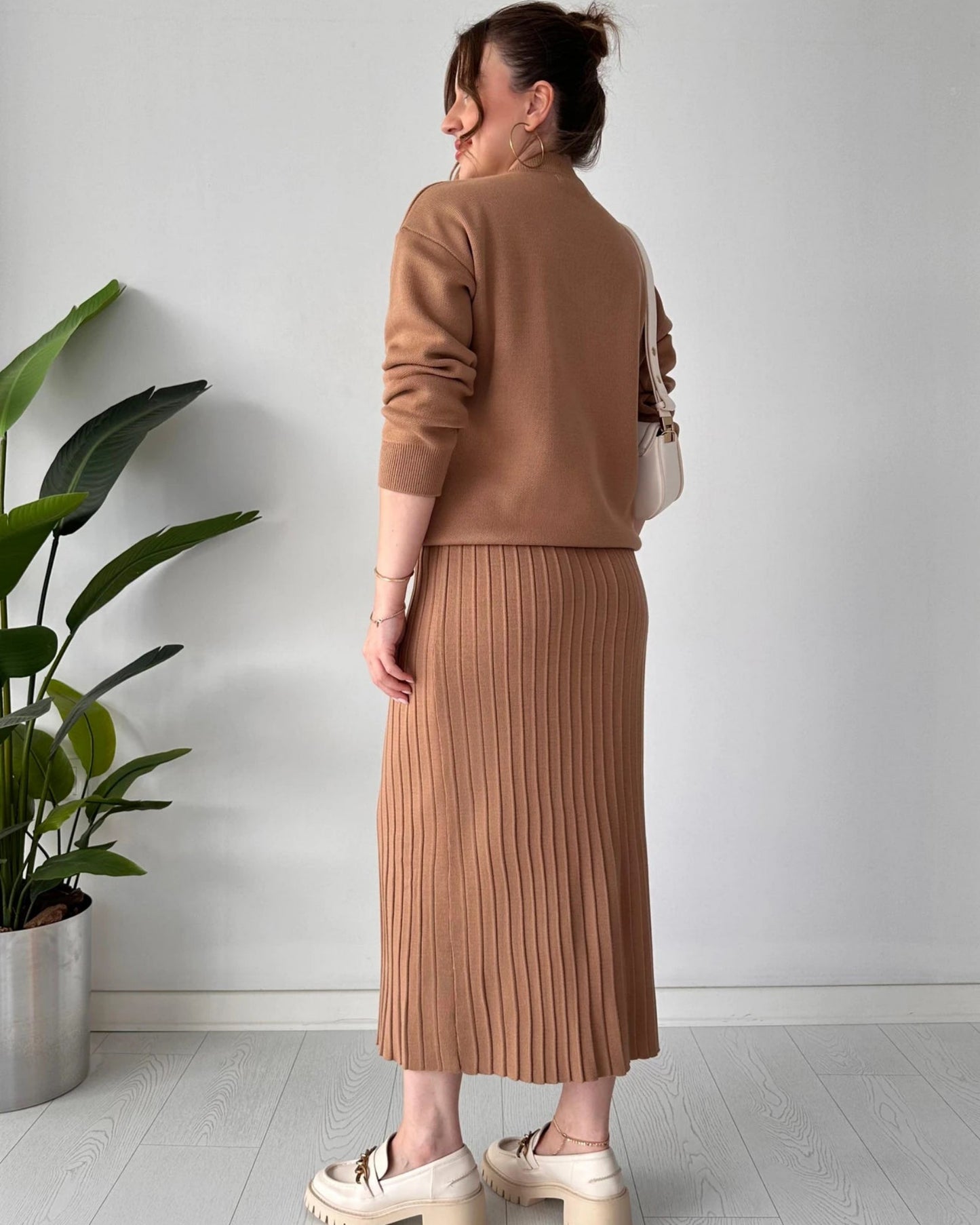 Luxury Knit Two-Piece Set: Embellished V-Neck Sweater & Pleated Midi Skirt