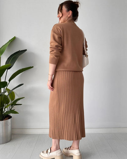 Luxury Knit Two-Piece Set: Embellished V-Neck Sweater & Pleated Midi Skirt