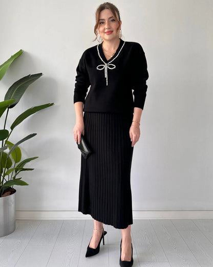 Luxury Knit Two-Piece Set: Embellished V-Neck Sweater & Pleated Midi Skirt